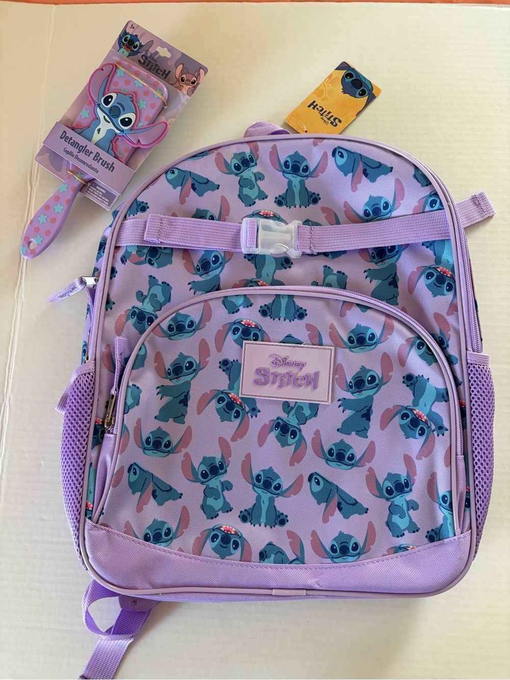Disney Lavender Stitch Kids Backpack with Matching Detangler Brush